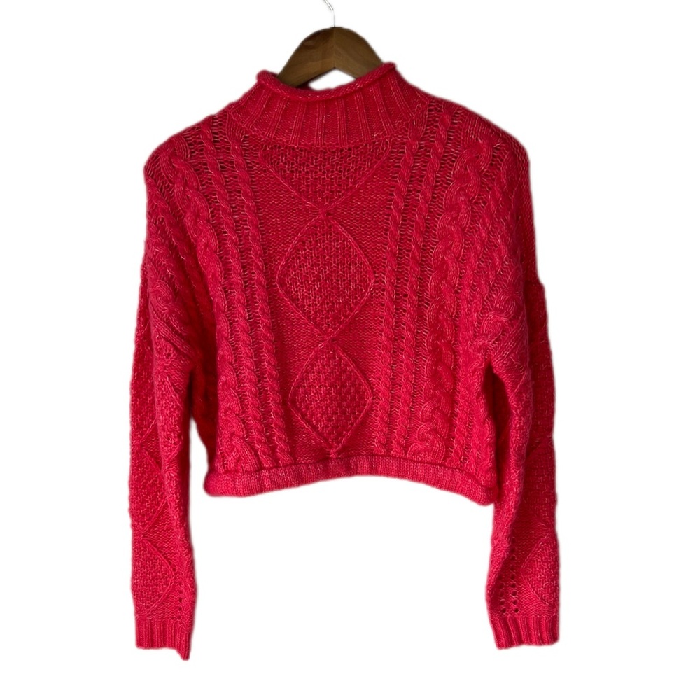 Sanctuary Cable Knit Cropped Sweater Sz S Neon Pink Mock Neck Stretch Sweater